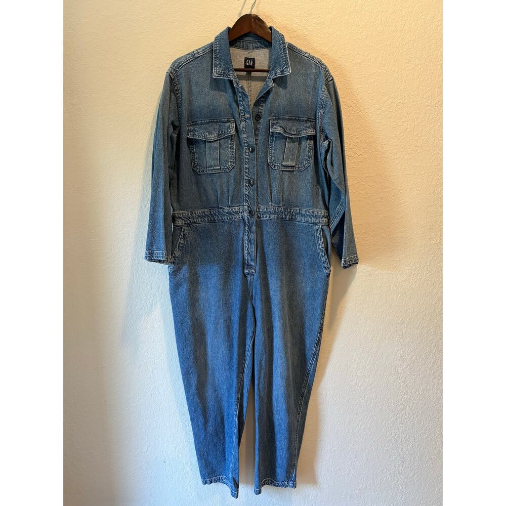 VINTAGE GAP Women’s Denim Jumpsuit Coveralls Blue Sz 14P Cargo Utility Urban Y2K